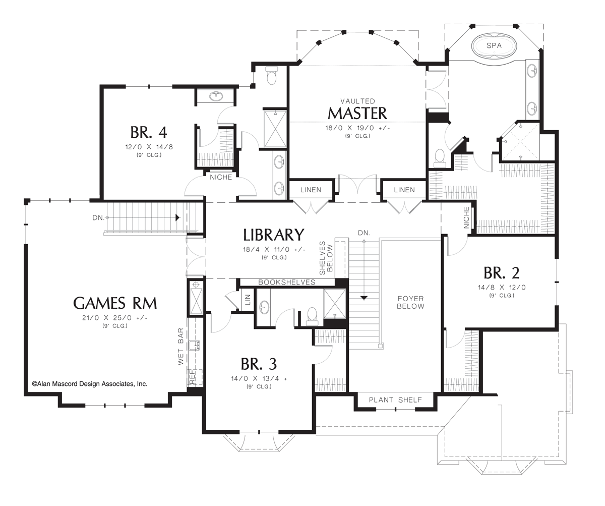 Upper Floor Plan image for Mascord Harwood-French Country Plan with Fireplace in Living and Dining-Upper Floor Plan