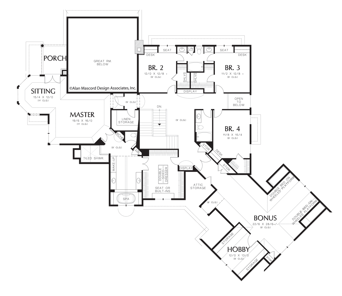 Upper Floor Plan image for Mascord Hallsville-Large European Country Design with Angled Garage-Upper Floor Plan