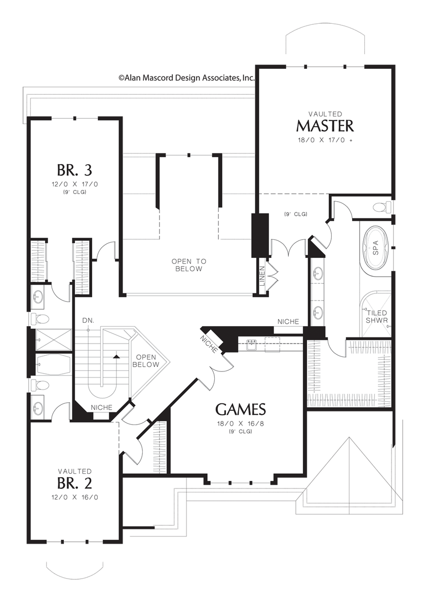 Upper Floor Plan image for Mascord Tucker-Sweeping Rooflines and Functional Floor Plan-Upper Floor Plan