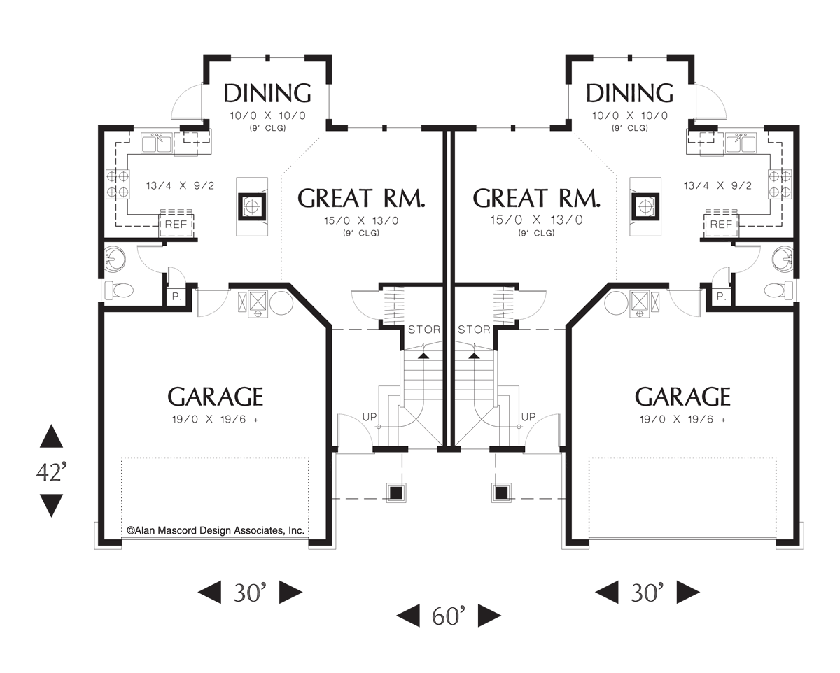 Main Floor Plan image for Mascord Applegate-Large Colonial Style Duplex Plan-Main Floor Plan