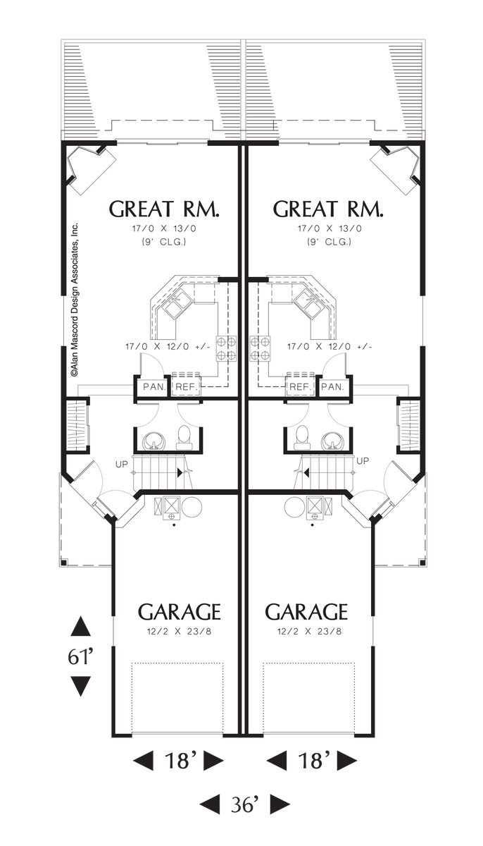 Main Floor Plan image for Mascord Abbotsville-T-Shaped Staircase in Cottage Duplex-Main Floor Plan