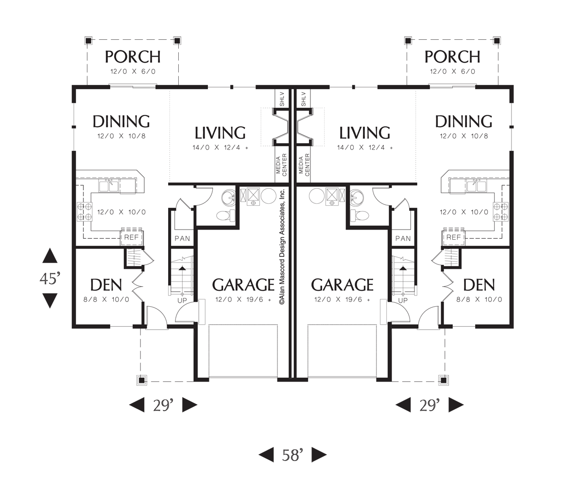 Main Floor Plan image for Mascord Lambrook-Back to Back Plans with 3 Bedrooms-Main Floor Plan