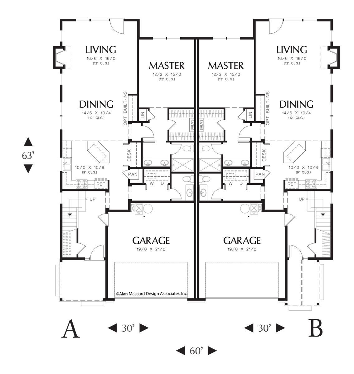Main Floor Plan image for Mascord Aurora-Craftsman Duplex with Island, Built-in Media Center-Main Floor Plan