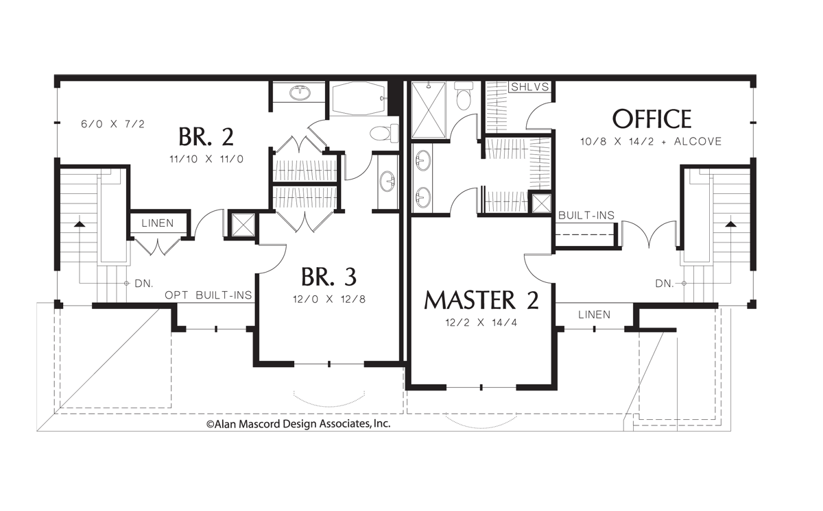 Upper Floor Plan image for Mascord Aurora-Craftsman Duplex with Island, Built-in Media Center-Upper Floor Plan