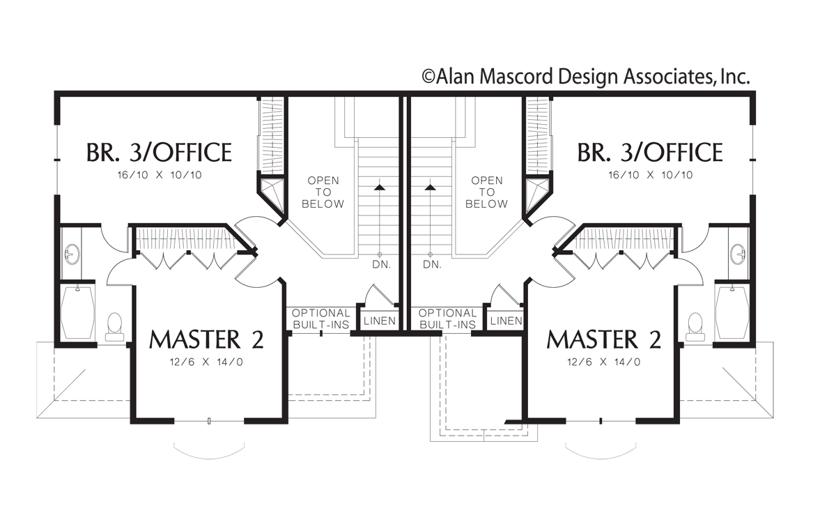 Upper Floor Plan image for Mascord Whitman-Gabled Roofs Downplay Large Garages-Upper Floor Plan
