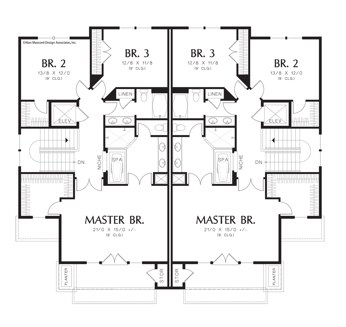 Upper Floor Plan image for Mascord Prairiefire-Hillside Multi-family Home Plan-Upper Floor Plan