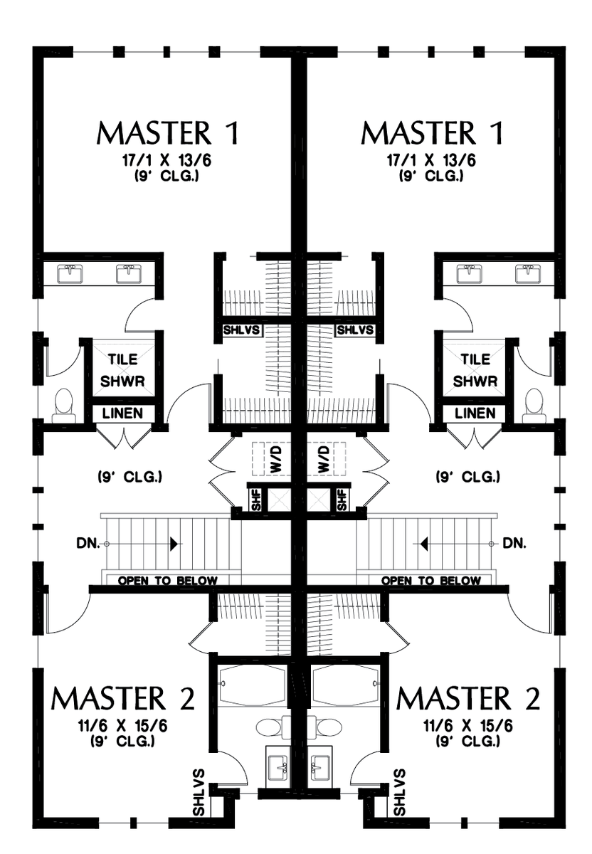 Upper Floor Plan image for Mascord Maplewood-Contemporary duplex house plan for sloping lots with great amenities-Upper Floor Plan