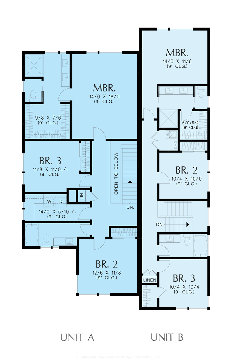Upper Floor Plan image for Mascord Melanie-Asymmetrical Primary and Secondary sized Duplex Plan-Upper Floor Plan