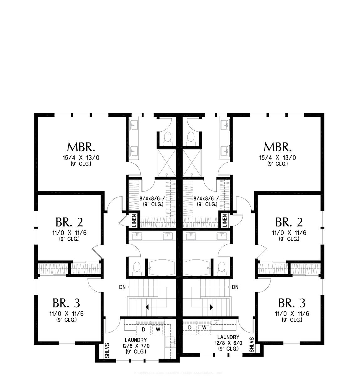 Upper Floor Plan image for Mascord Kutcher-Rear Loading Farmhouse Duplex-Upper Floor Plan
