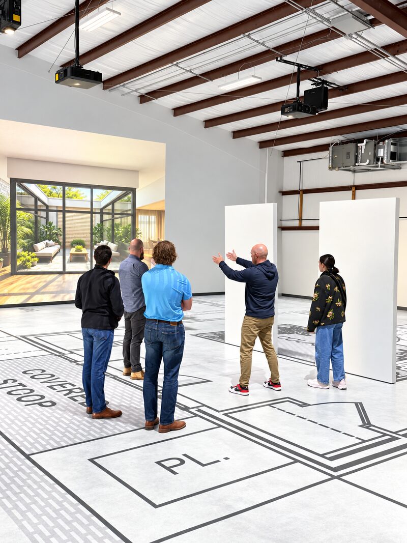 A group standing on a full-scale projected floor plan, looking into a projected room