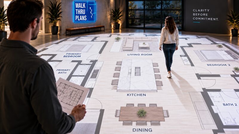 Over-the-shoulder view of a man holding a paper plan while a woman walks across a full-scale projected floor plan