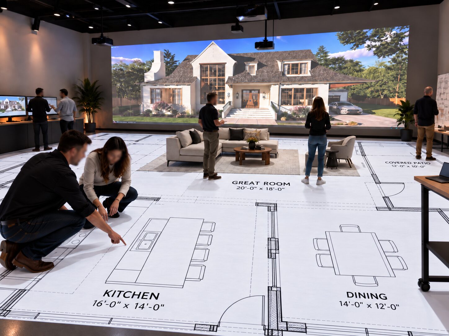 A studio with a full-scale floor plan projected on the floor and a rendering of the finished home on the wall